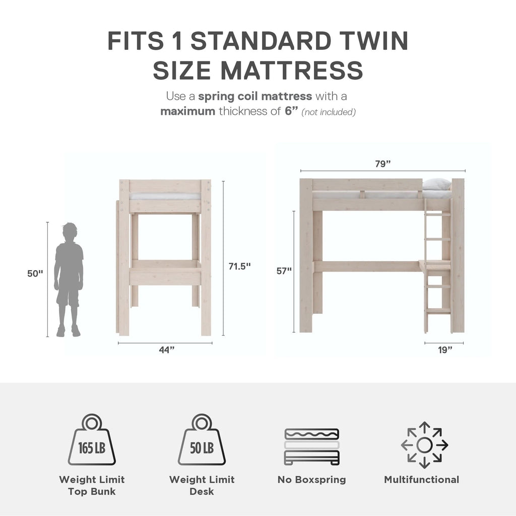 Twin Solid Wood Loft Bed with Desk R1161