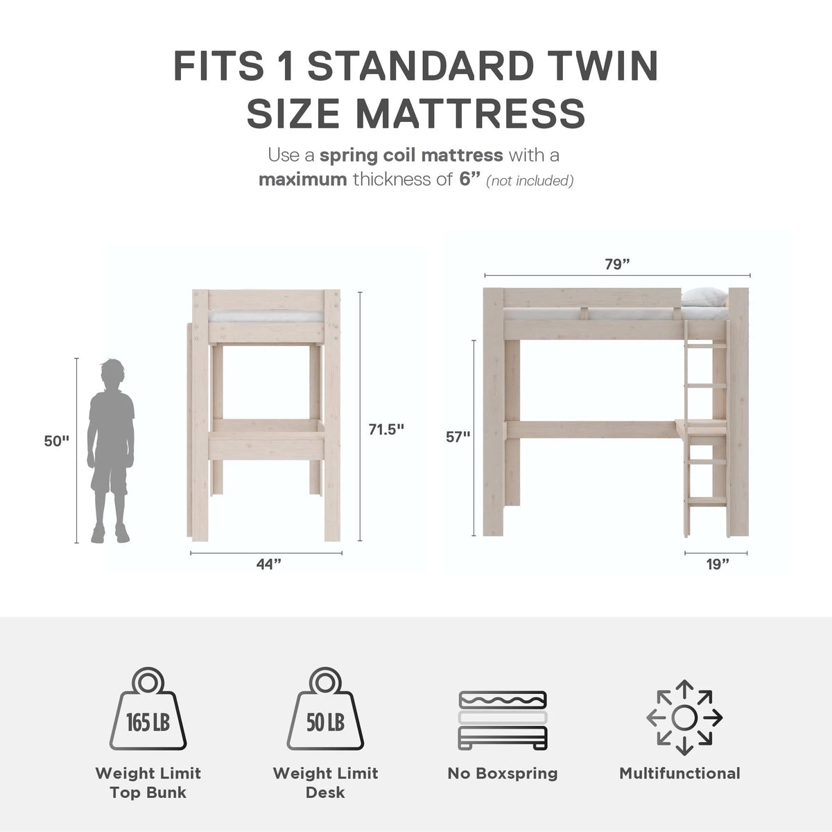 Twin Solid Wood Loft Bed with Desk R1161