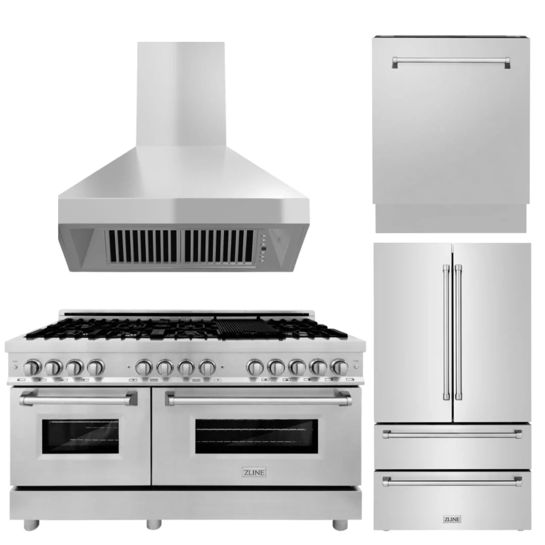 60 In. Dual Fuel Range, 36 In. Refrigerator, Range Hood and Dishwasher in Stainless Steel P315462