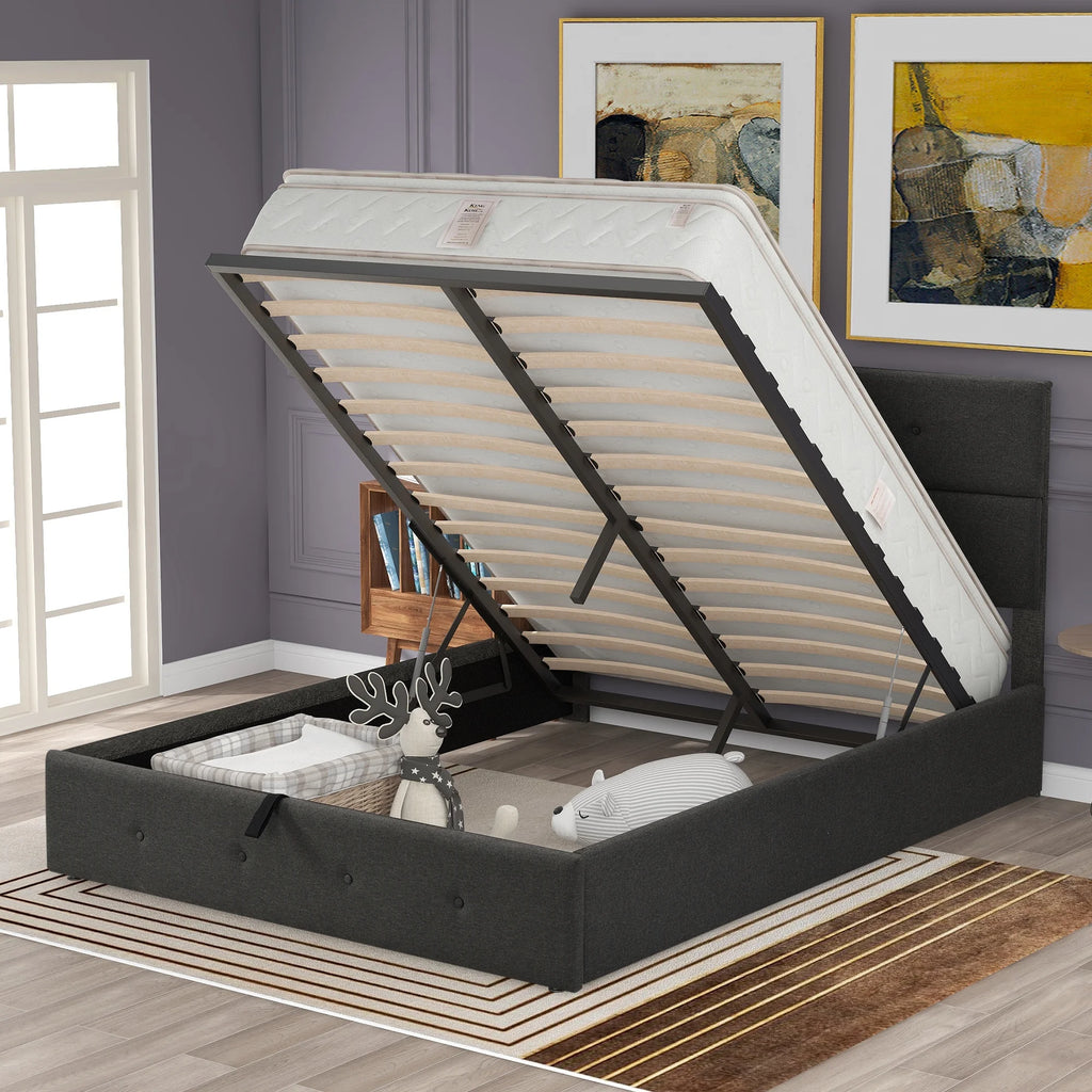 Gray Queen Size Upholstered Lift Up Platform Bed with Headboard and Underneath Storage D47002