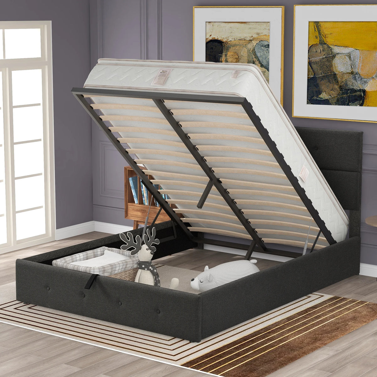Gray Queen Size Upholstered Lift Up Platform Bed with Headboard and Underneath Storage D47002