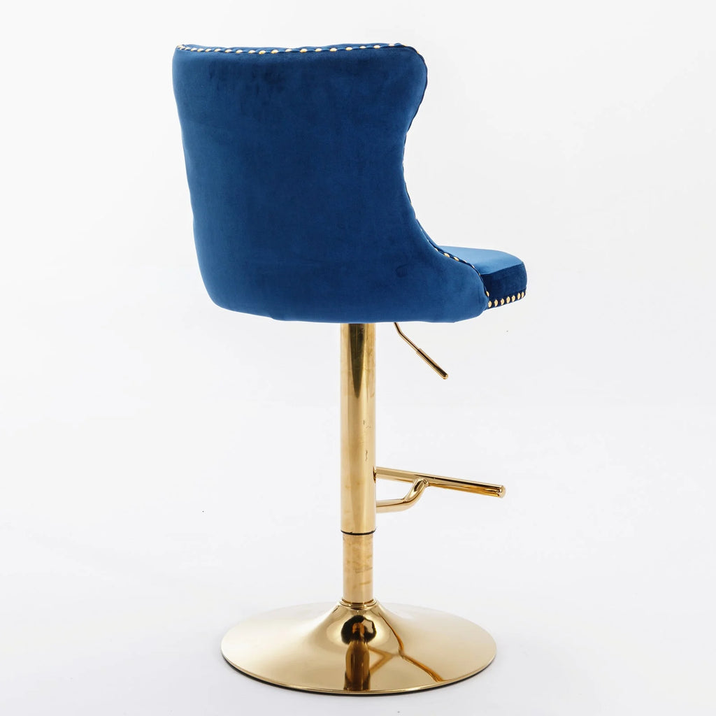 Golden Swivel Velvet Barstools Adjustable Height Blue Set of 2 L7915