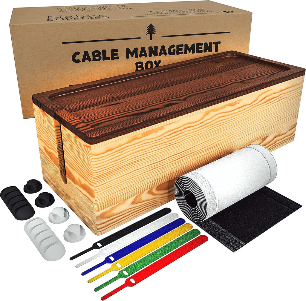 Natural Wood Cable Management Box Set of Two Large & Medium Cord Organizer Box P74296
