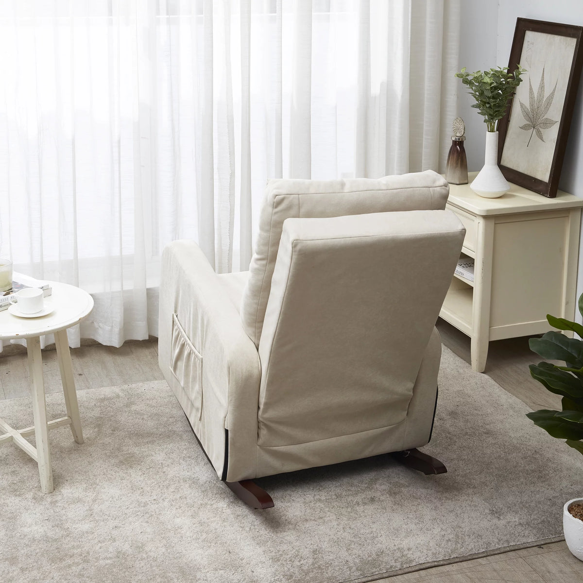 High Back Rocking Chair with Side Pocket Linen Fabric Y8217