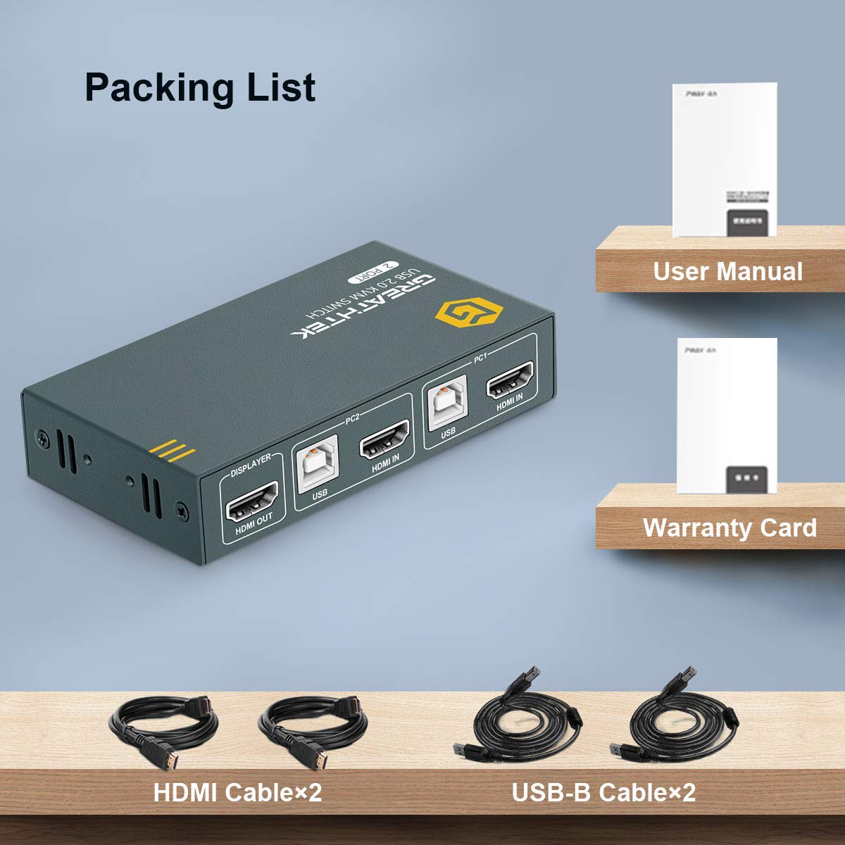 HDMI KVM Switch 2 Port, USB2.0, Ultra HD 4K @30Hz, 2 PC Share 1 Set of Keyboard, Mouse and Monitor, with 2 USB and 2 HDMI Cables, Support Wireless Keyboard and Mouse Pack of 2 T22252