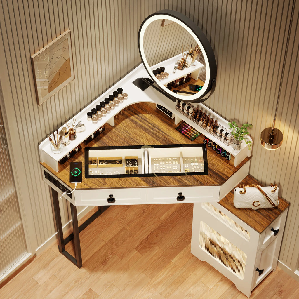 Corner Vanity Desk with Mirror and Lights, Glass Top Makeup Vanity Set with Charging Station K12334