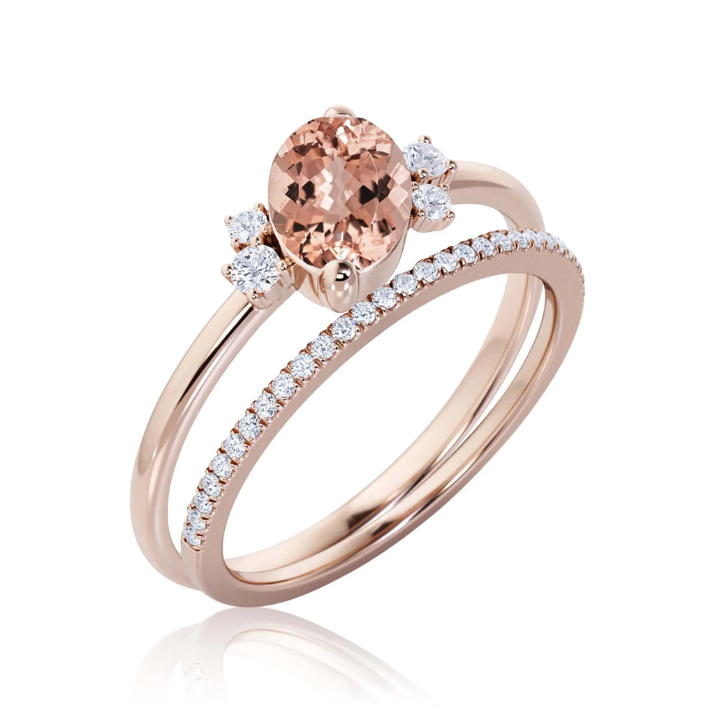10k Solid Rose Gold Oval Cut Morganite And Diamond Moissanite Engagement Ring W85702