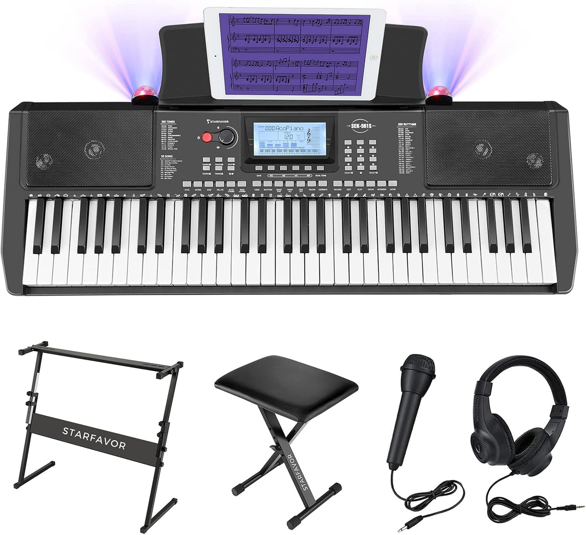 61 Key Electronic Keyboard Piano with LCD Display, Z-style Stand, Bench, Microphone, Headphone, Keynote Stickers Y626918
