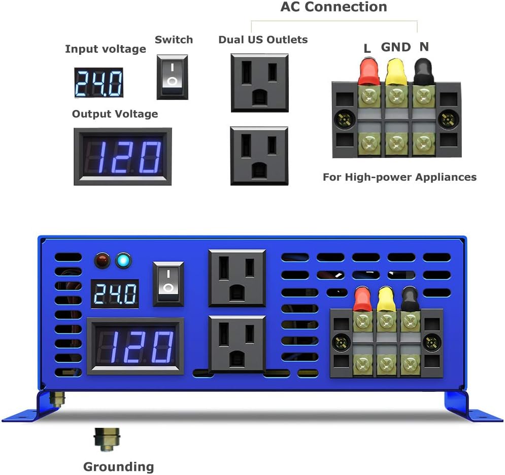 2000W Pure Sine Wave Power Inverter 24V DC to AC 120V with 15ft Remote Switch D8950