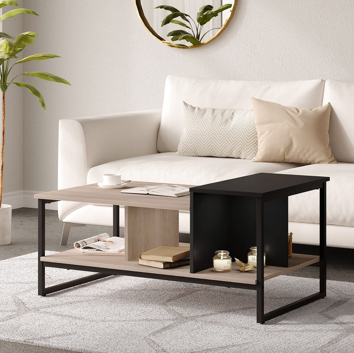Lift Top Coffee Table with 2-Level Tabletop, Industrial Wood Coffee Table with Metal, 31.5" U3950
