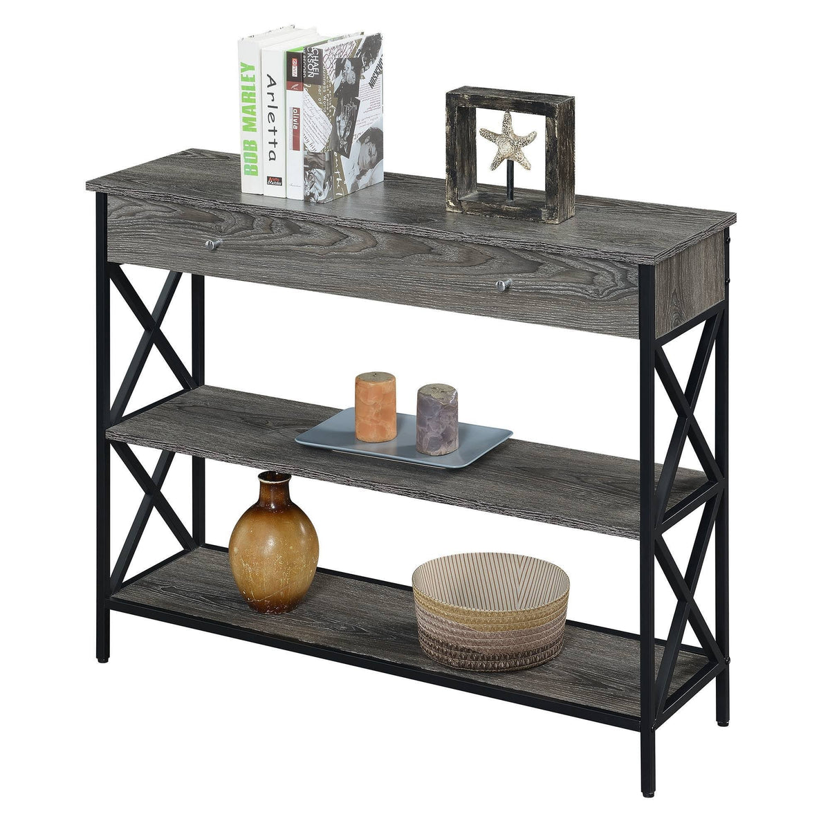 Weathered Gray/Black 1 Drawer Console Table with Shelves B874536