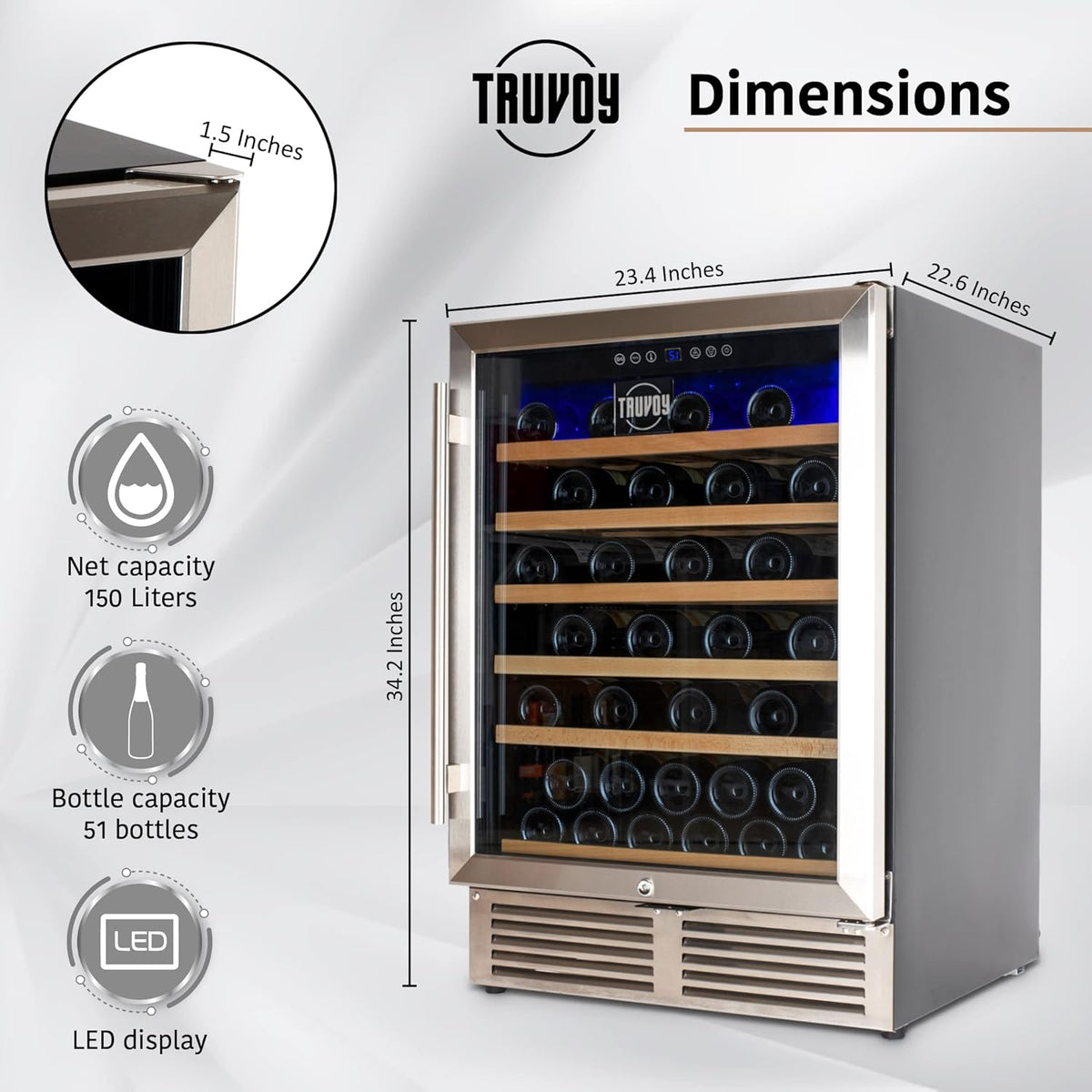 Wine Cooler Refrigerator with Reversible Low UV Glass Door, Touch Thermostat Control with LED Display, Lock, 150L Storage U4125