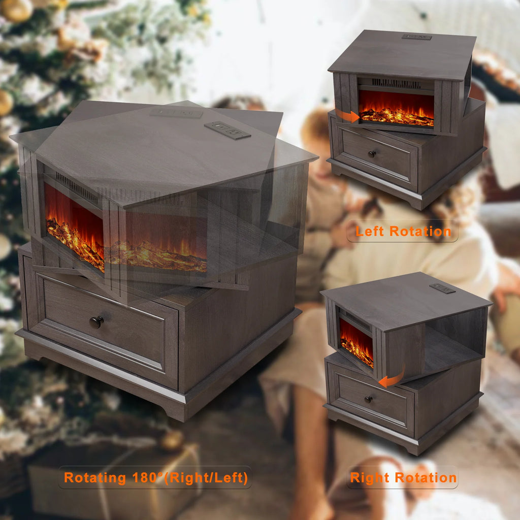Rotating Fireplace End Table with Electric Fireplace Heater, Storage, Built-in Outlets S138