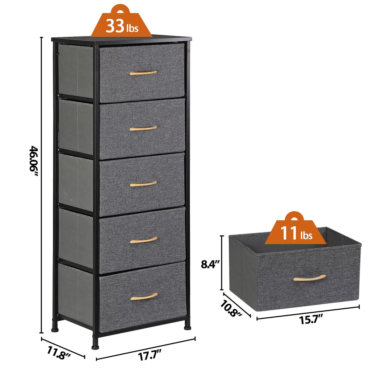 Black Metal Frame 5 Drawer Dresser Storage Tower U6059