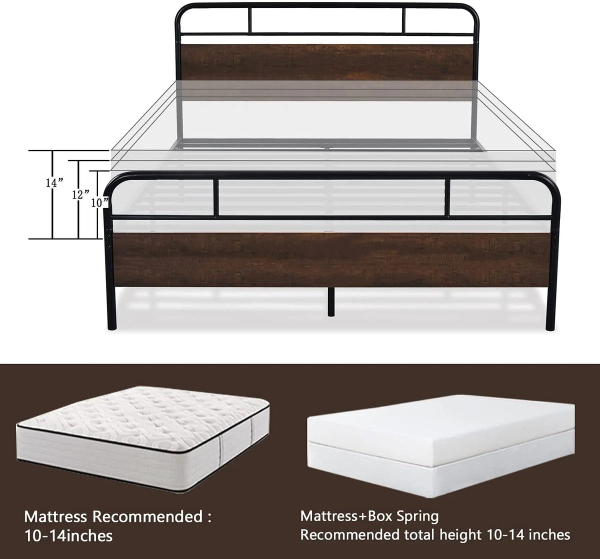 Dark Brown Queen Size Metal Platform Bed Frame with Wooden Headboard O48856
