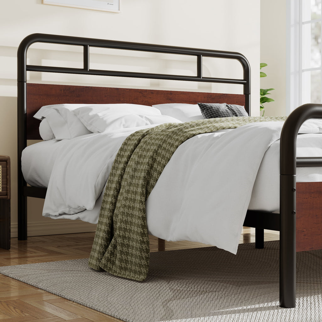 Dark Brown Queen Size Metal Platform Bed Frame with Wooden Headboard O48856