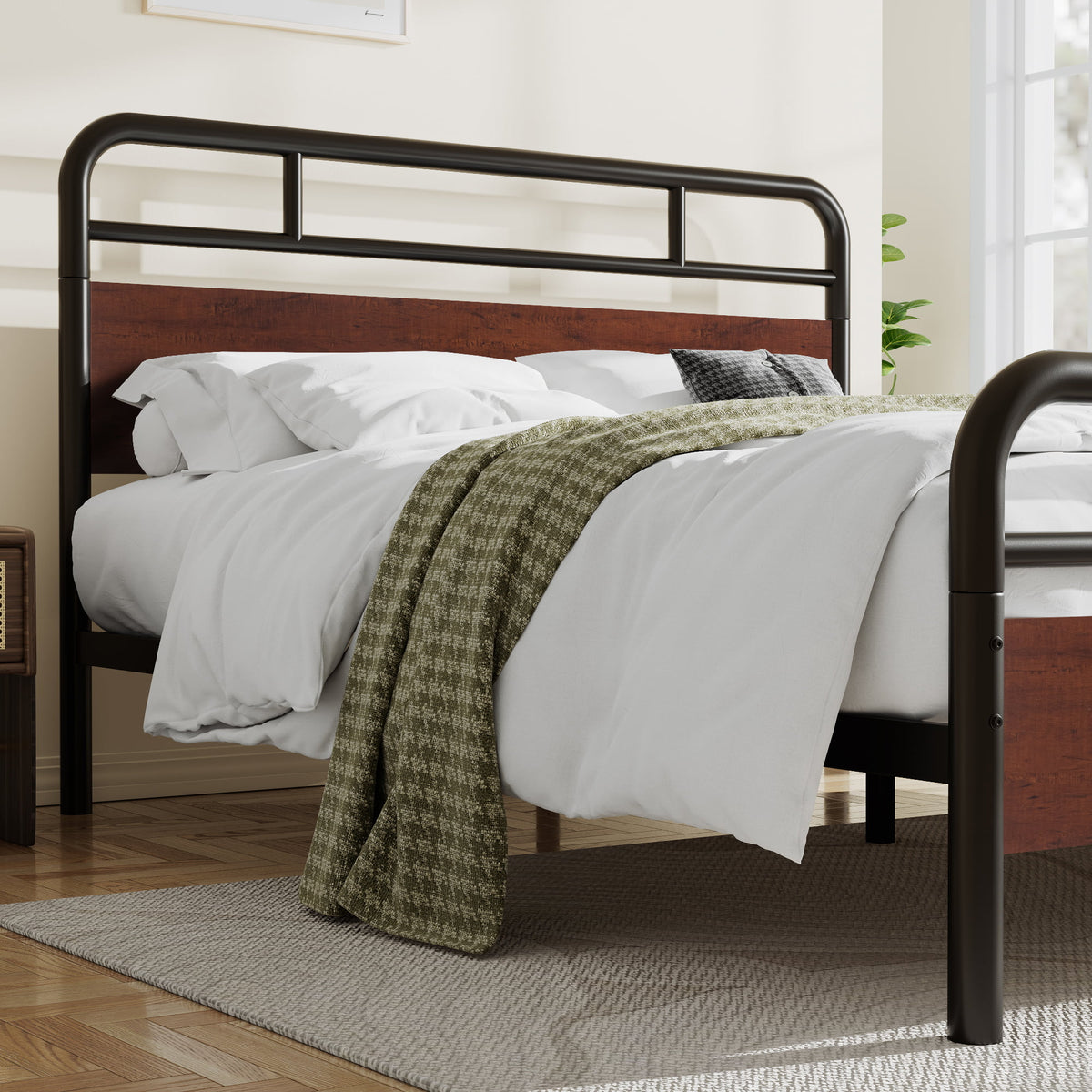 Dark Brown Queen Size Metal Platform Bed Frame with Wooden Headboard O48856