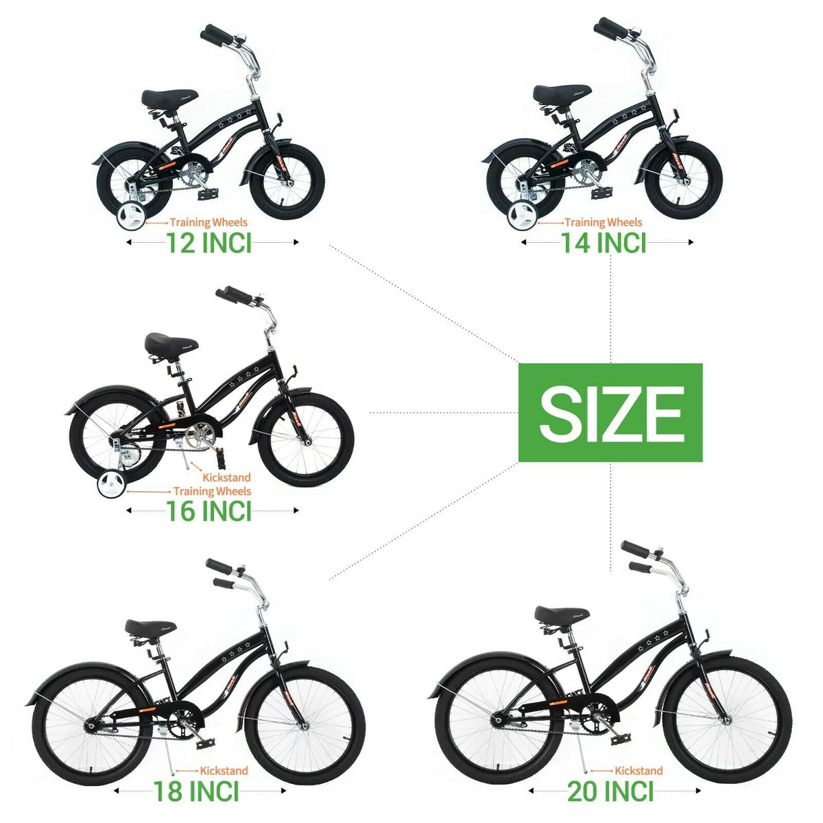 Kids Bike with Coaster Brake and Training Wheels, 12 inch Black D407