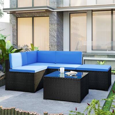 5-Piece Patio Rattan PE Wicker Corner Sofa Set with Glass Coffee Table F2648