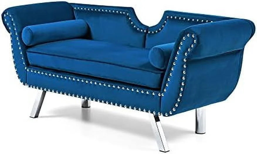 Velvet Ottoman Bench with Back and Silver Metal Legs B751