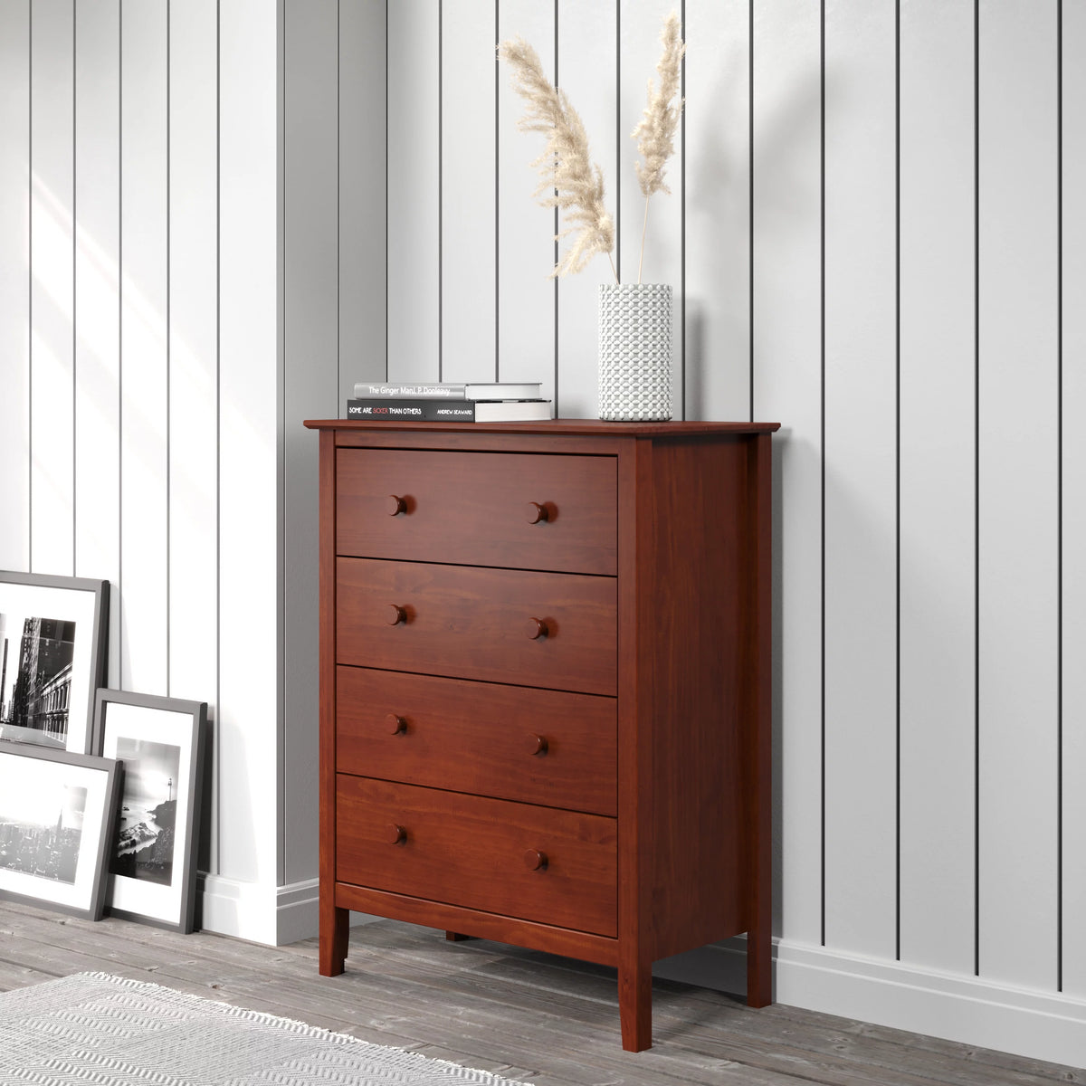 Solid Wood Four Drawer Chest of Dressers Pecan W3300