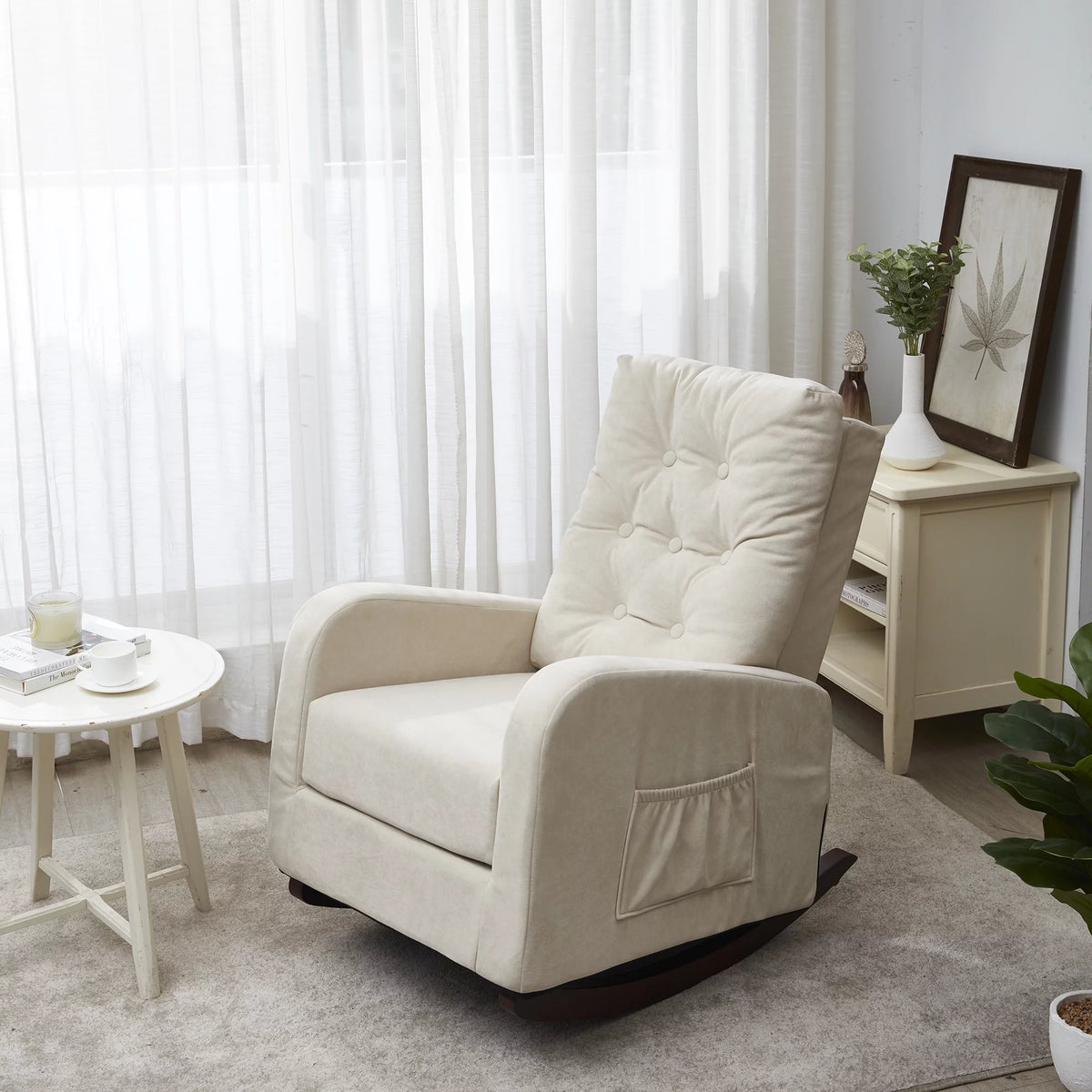 High Back Rocking Chair with Side Pocket Linen Fabric Y8217