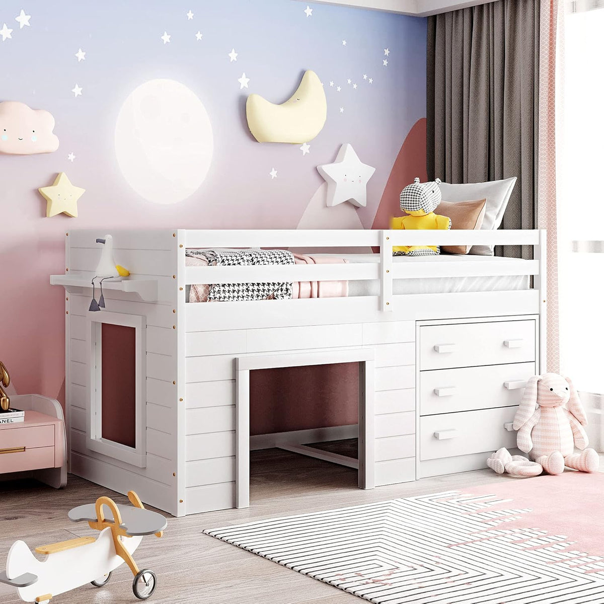 Twin Size Espresso Loft Bed with Desk and Storage Cabinet I670
