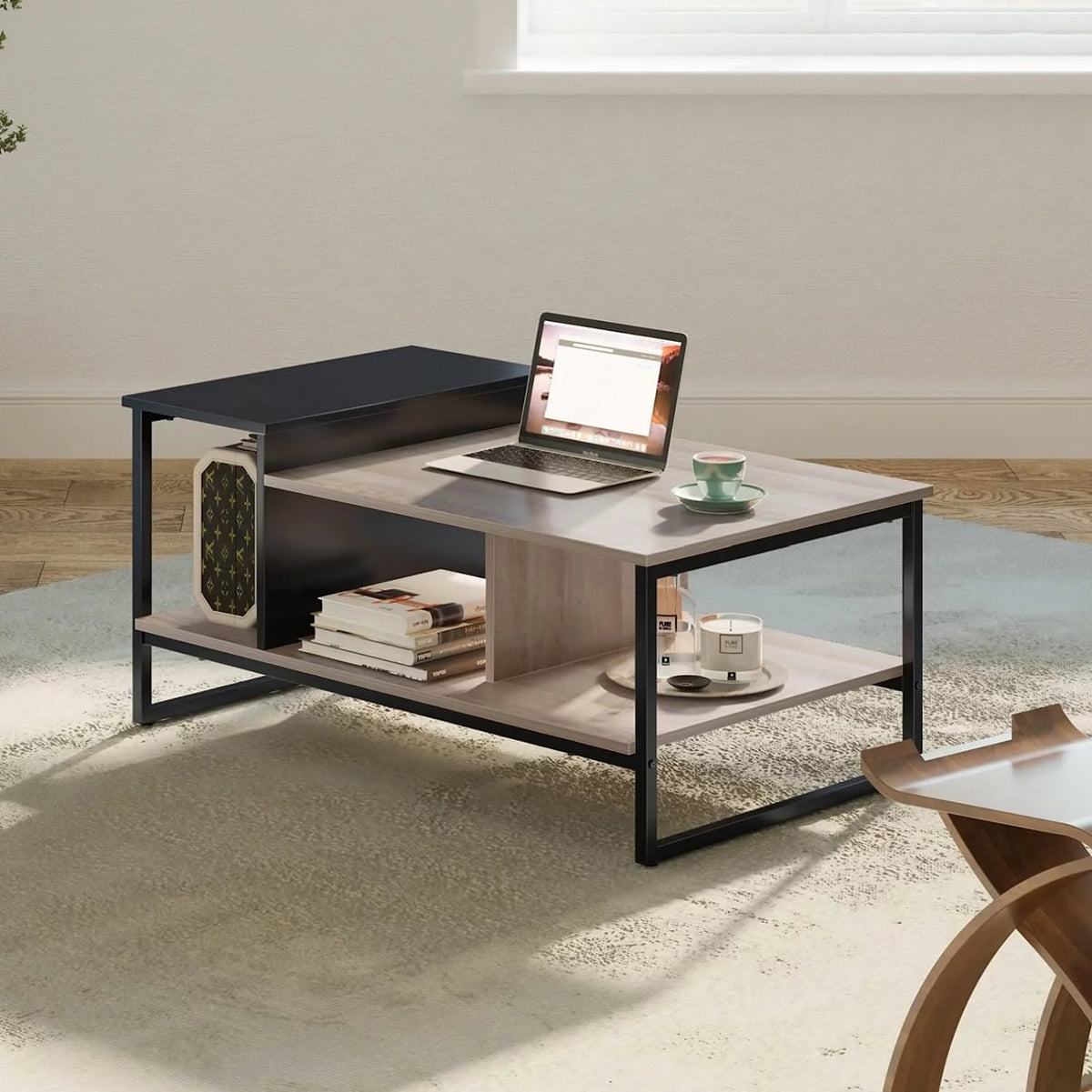Lift Top Coffee Table with 2-Level Tabletop, Industrial Wood Coffee Table with Metal, 31.5" U3950