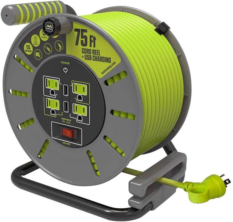75 Feet 12AWG Power Outlet Cord Reel with USB Charging Ports T32150
