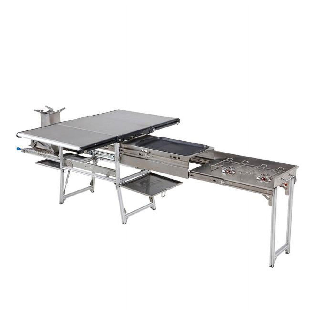 Stainless Steel Camp Kitchen with Dual Grill, Skillet, Folding Shelves, and Rocket Tower L875