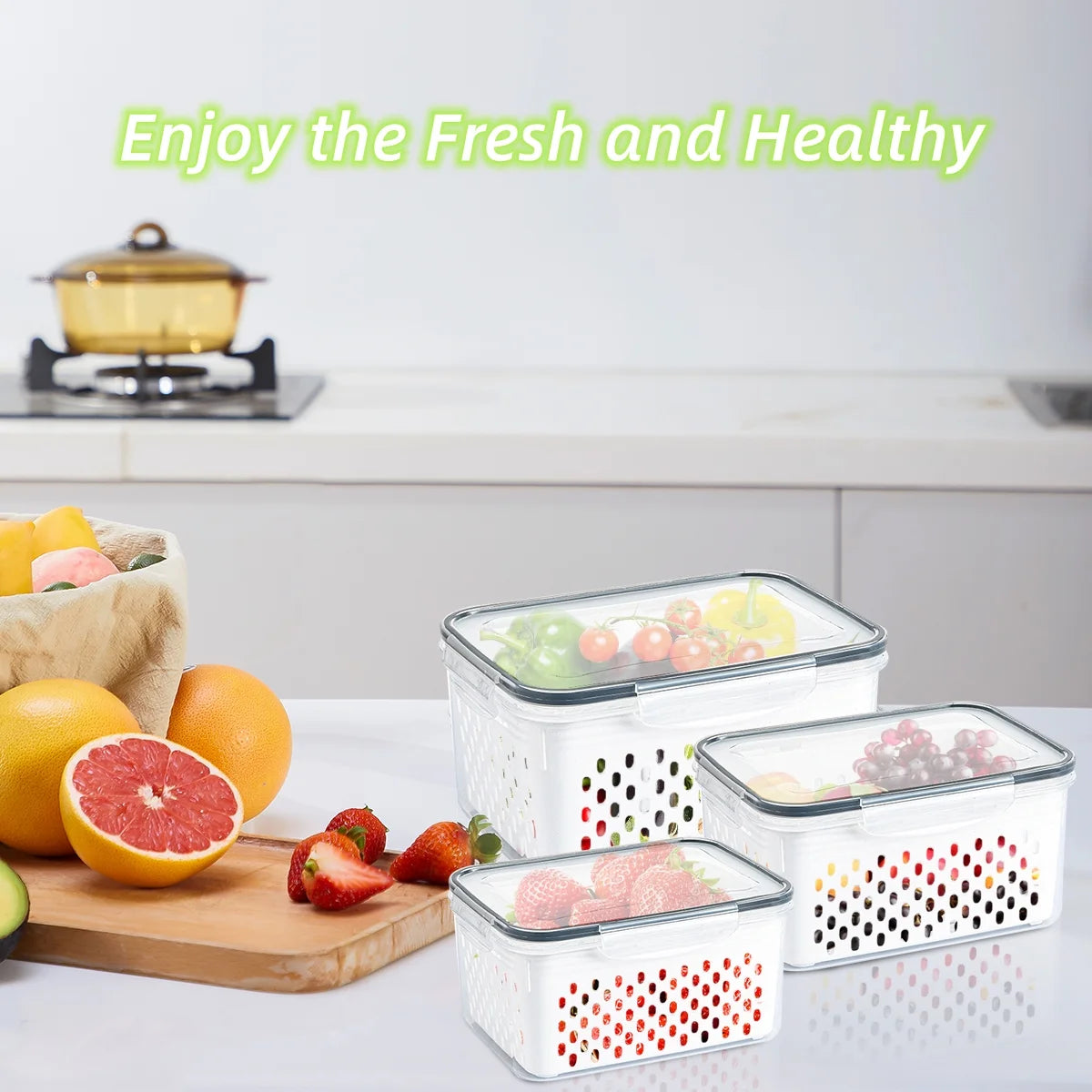 3 Pack Refrigerator Organizer Food Containers with Lids and Drain Colanders B597448