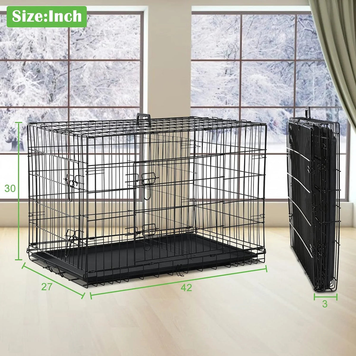42 inch Double-Door Folding Metal Dog Crate with Plastic Tray C89384