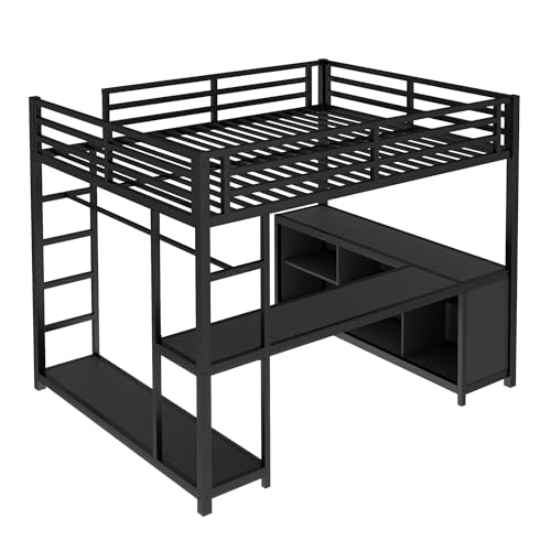Queen Metal Loft Bed with Wardrobe, Desk and Shelves X3589