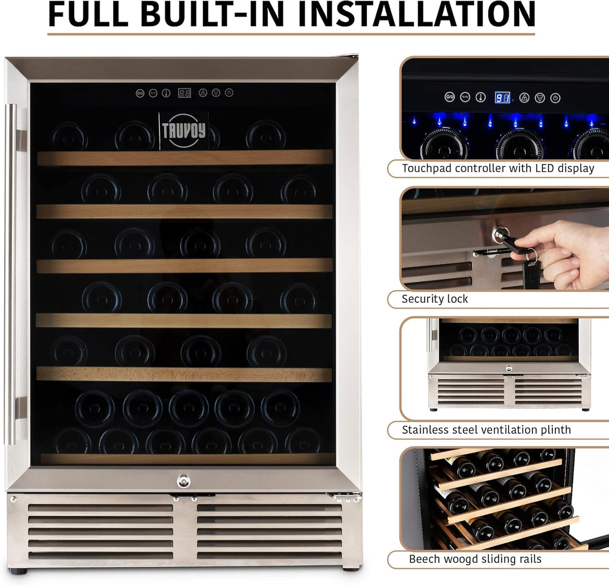 Wine Cooler Refrigerator with Reversible Low UV Glass Door, Touch Thermostat Control with LED Display, Lock, 150L Storage U4125