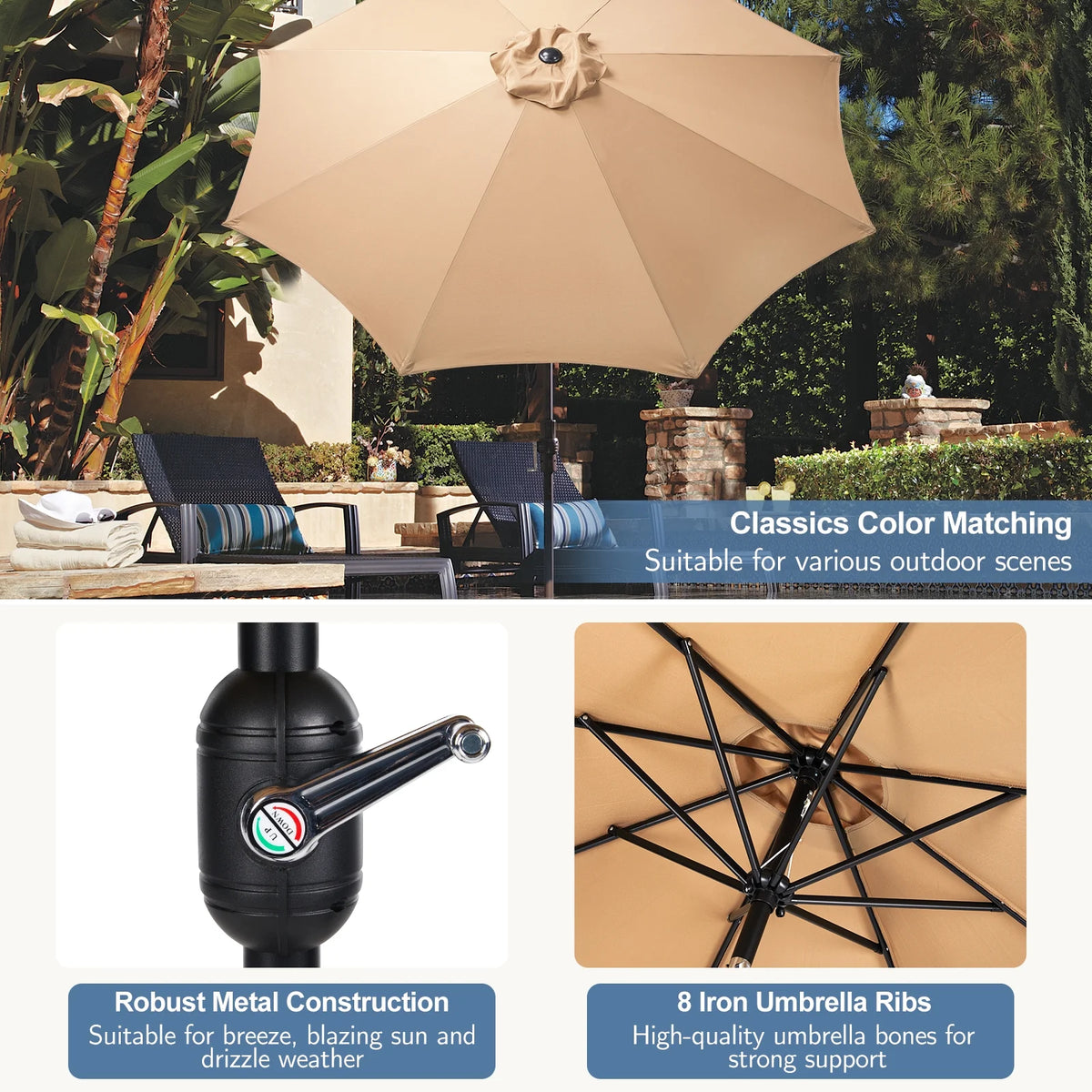 9FT Outdoor Patio Umbrella with Push Button Tilt and Crank Handle O80545